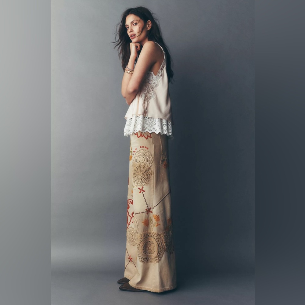 New Free People Falling Love Wide Leg Jeans Floral Embroidered Crochet - Picture 3 of 9
